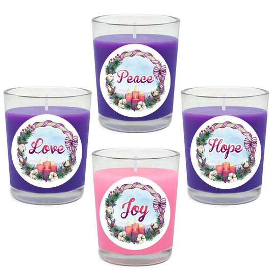 Purple and Pink Christmas Advent Votive Candles in Glass, Unscented 15 Hour Soy Wax Love, Hope, Peace and Joy Candles for Christmas Wedding Table Home Spa Holidays Party, 4 Packs