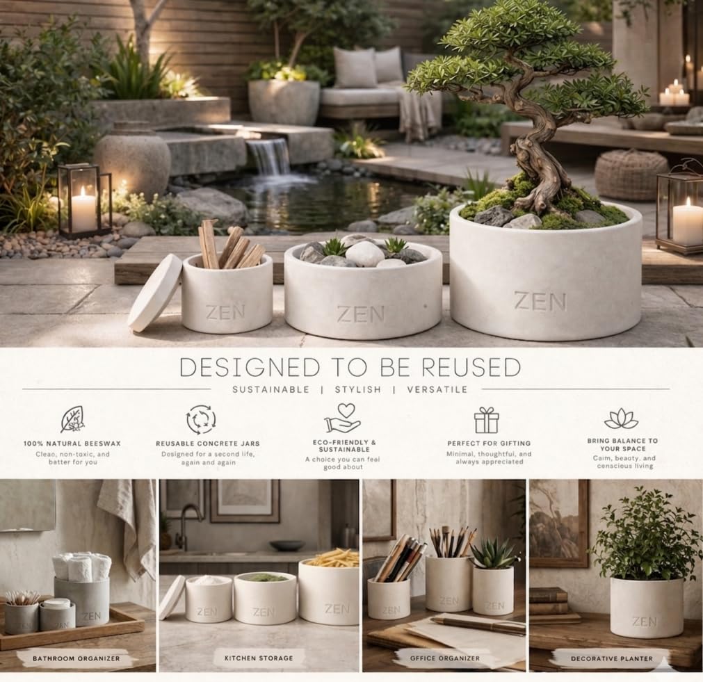 Zen Concrete Candle with Lid – Apple Blossom Citrus Floral – 100% Beeswax, Minimalist Jar, Wooden Wick, Reusable Container Plant Pot Storage – Luxury-Inspired (Gray, Small, CLIVE)