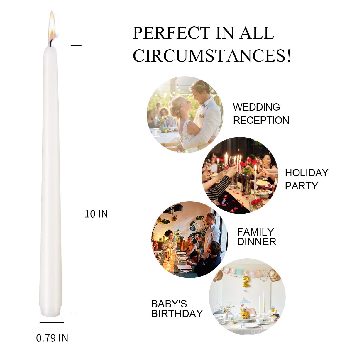 10 inch Cone-Shaped Candle Set of 5- Drip Free Dinner Candle - Long Burning, Perfect for Dinner, Parties, or Weddings (White)