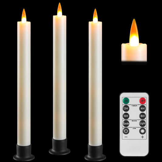 Da by 3 Pack Ivory Heat Resistant Flameless Taper Candles, Realistic Dynamic Flame LED Candles, Reusable ABS Candle Lights with Remote Control for Indoor Outdoor Decor