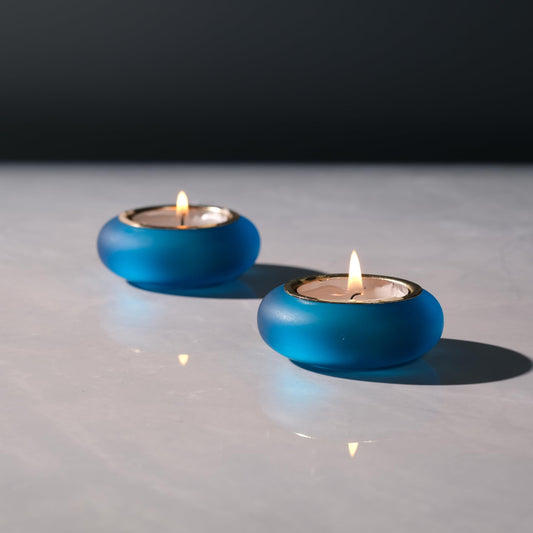 ICNBUYS Handmade Decorative Pebble Tealight Candle Holders Set of 2 - Handcrafted Home Decor Accent for Calming Earthy Aesthetic Peacock Blue Matte Finish Resin Diameter 2.6 inches