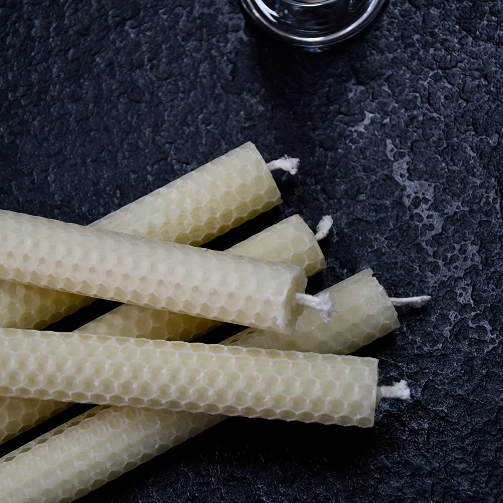 DEYBBY Natural Beeswax Taper Candles,8inch Dripless and Smokeless White Bee Wax,4Hour Burn Time Flat Top (Pack of 6)