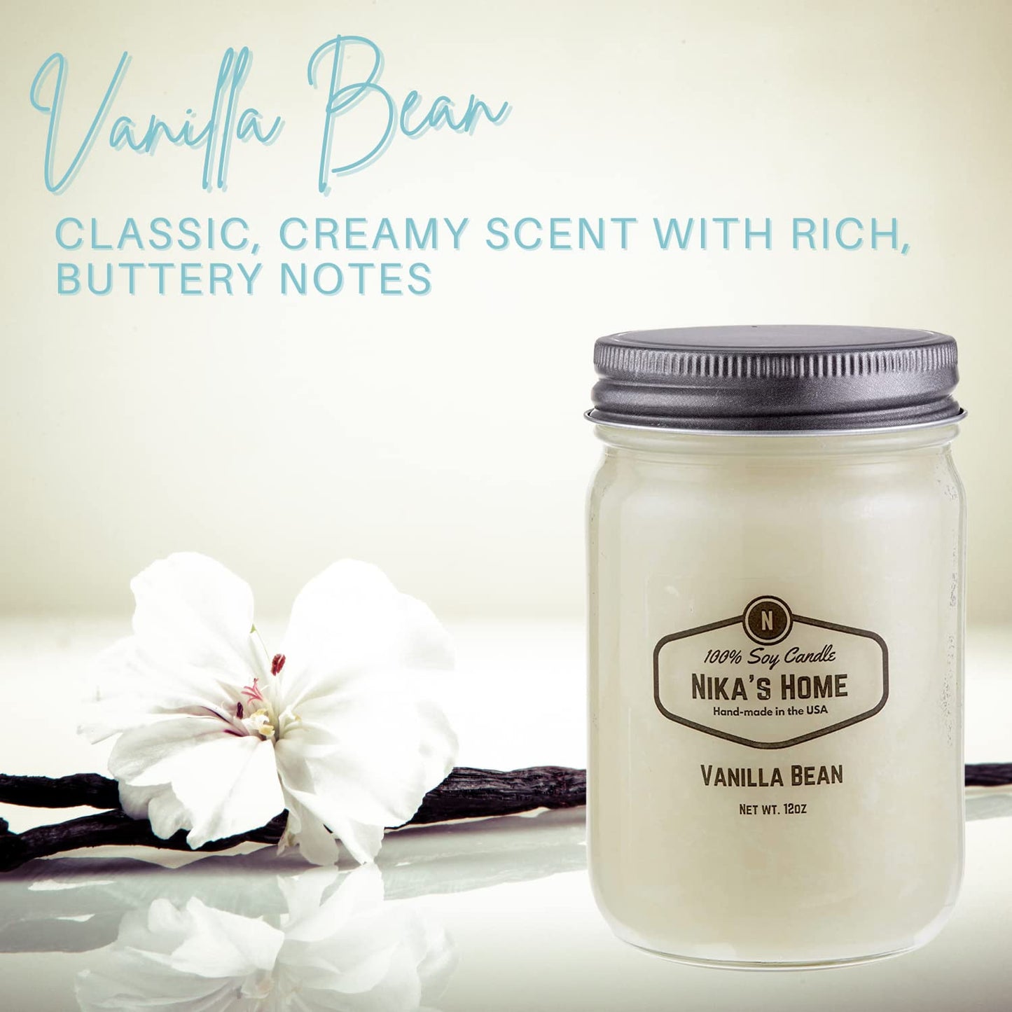 Nika's Home Vanilla Bean Soy Candle - 12oz Mason Jar - Non-Toxic - Hand Poured in The USA, Long Burning 50-60 Hours Highly Scented All Natural, Clean Burning