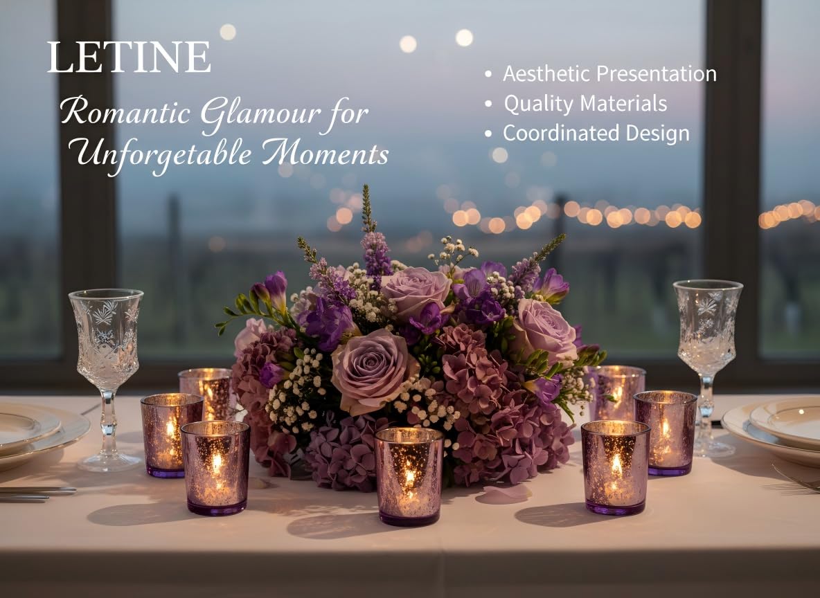 LETINE 48pcs Purple Votive Candle Holders – Glass Tea Light Candles Holder, Standard Votive Size for Regular Votive Candles & Wax Tea Light – Bulk Candle Holder for Party Decoration, Bridal Shower