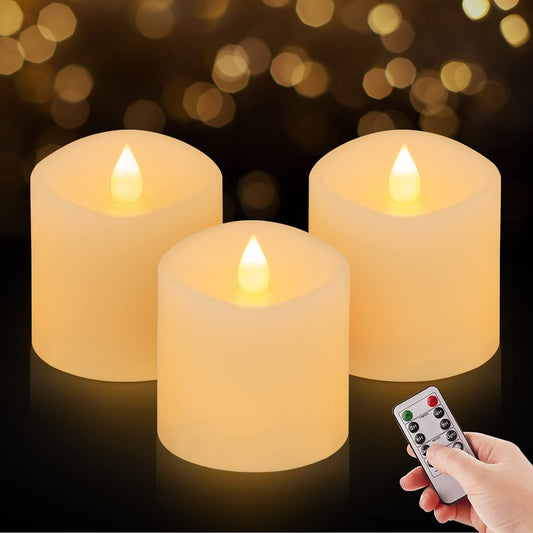 ASLDOIWEH 3x3 Flickering Flameless Candles Set of 3, 2AA Battery Life 600 Hours Battery Candles Flickering with Timer,3 inch Flameless Candles with Remote for Indoor/Outdoor, Ivory