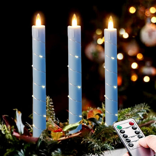 Flameless Cone Candle with Built-in Star String Light, 11 Button Remote Control, Timer, Battery Powered, Analog Flame, 3 Pack of Window Candles, Christmas Home & Wedding Decoration (Sky Blue)