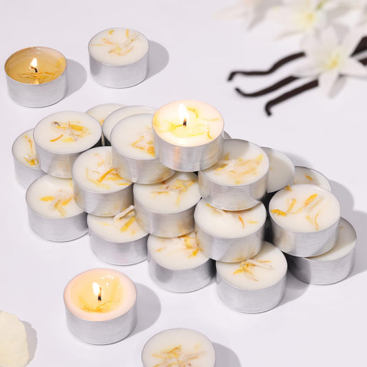 8 Pcs Vanilla Scented Tealight Candles, 6H Long Burning - 100% Palm Wax Based Scented Tea Lights with Dried Flowers, Non-Toxic/Smokeless Tea Lights Candles Bulk for Spa, Bath, Wedding