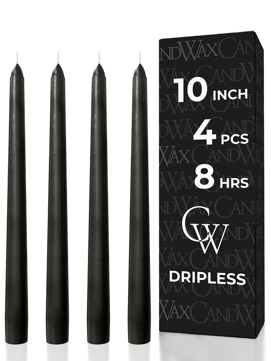 CANDWAX Black 10 inch Taper Candles Pack of 4 - Unscented Smokeless Dripless Tall Candle Sticks - Perfect for Home Decor, Special Occasions and Ordinary Events - Black Taper Candles