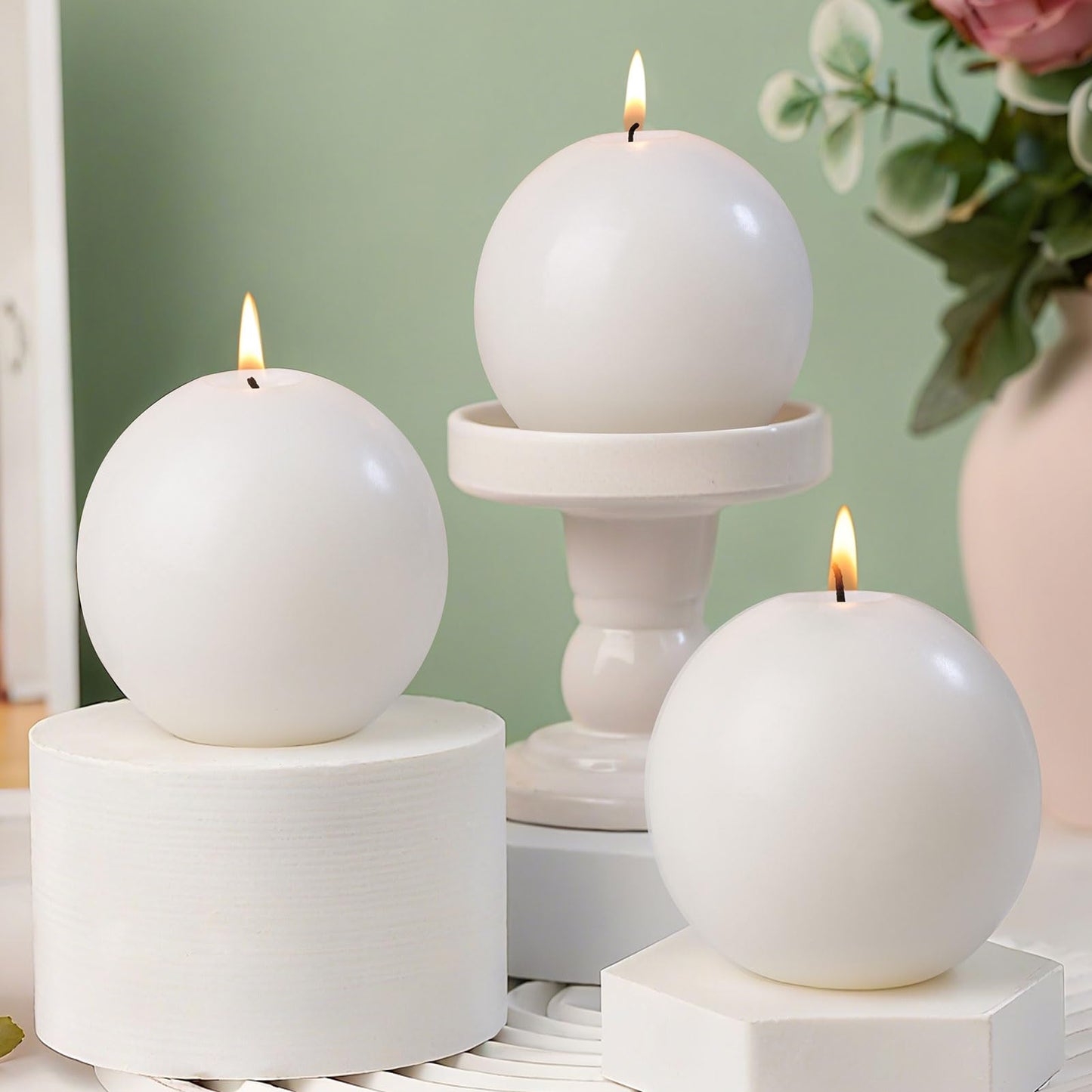 3 Inch Green Round Ball Candles,Elegant Round Pillar Candles,Hand-Poured Natural Soy Candles,26 H Long Burning Time-Dripless Smokeless Candle Dinner Table,for Wedding,Christmas Home Decor 4 Pack