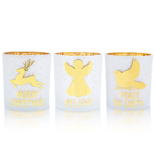 Rancco Votive Candle Holders, Christmas Gold Silver Glass Tea Light Candle Holder Set of 3 with Elk, Angel, Peace Dove, Candle Holder for Christmas Table Centerpieces, Birthday, Home Tea Party Decor