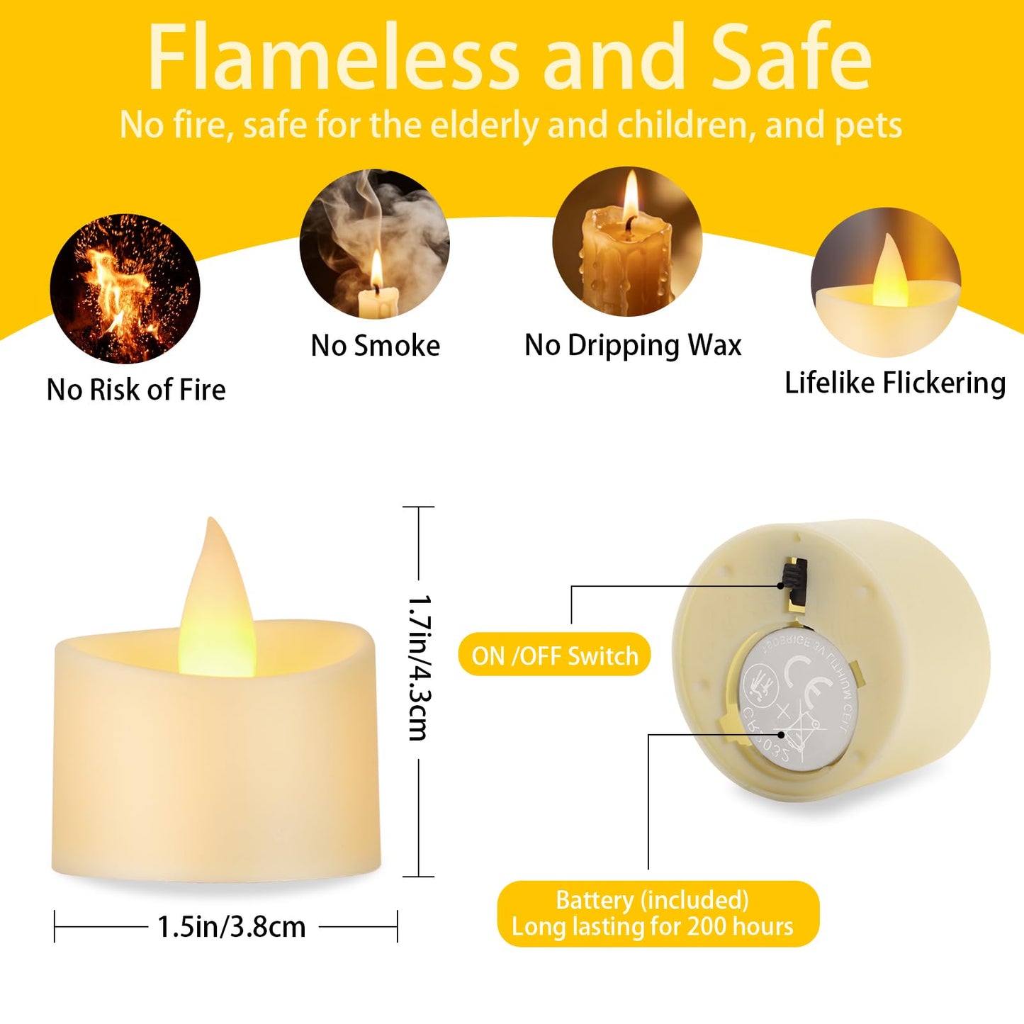 Dual-Flame Flickering Flameless LED Tealight Candles, Battery Operated Tea Lights with Realistic Warm Yellow Glow, 200+ Hour Long-Lasting Fake Candles for Home Wedding Votive Decor (Ivory, 24 Pack)