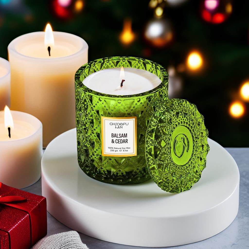 Chloefu LAN Balsam & Cedar Scented Candle Christmas Candles Gift, Christmas Festival Gifts, Large Luxury Scented Soy Jar Candles with up to 55 Hour Long Lasting, Highly Scented, 8.1oz