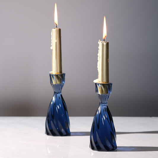 ICNBUYS Twizzle Twist Candle Holder, Decorative Candle Holder for Table Display, Romantic Decoration, Unique Home DÉCOR Aesthetic, Housewarming Gift, Black Blue Height 5.7 inches Set of 2 - Resin