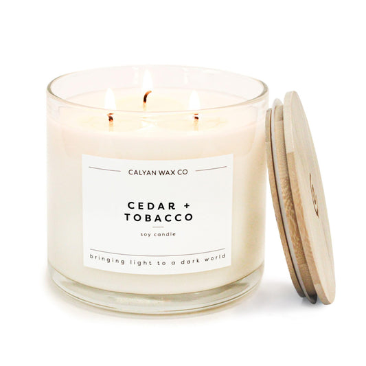 Calyan Wax Co. Cedar & Tobacco 3 Wick Scented Candle - 43 Hour Burn - Luxury 3 Wick Soy Candles - Clean Soy Wax Candles - Long Lasting Large Glass Jar Candle for Home - 14.9oz