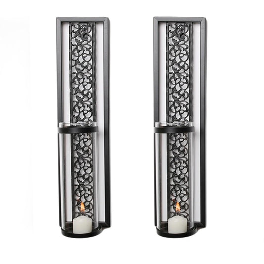 YUEHISY Wall Candle Holder, 2pcs Vintage Hollowed Metal Sconce with Glass Cover, Iron Wall Art Decoration for Home Bedroom Dining Room (Black)