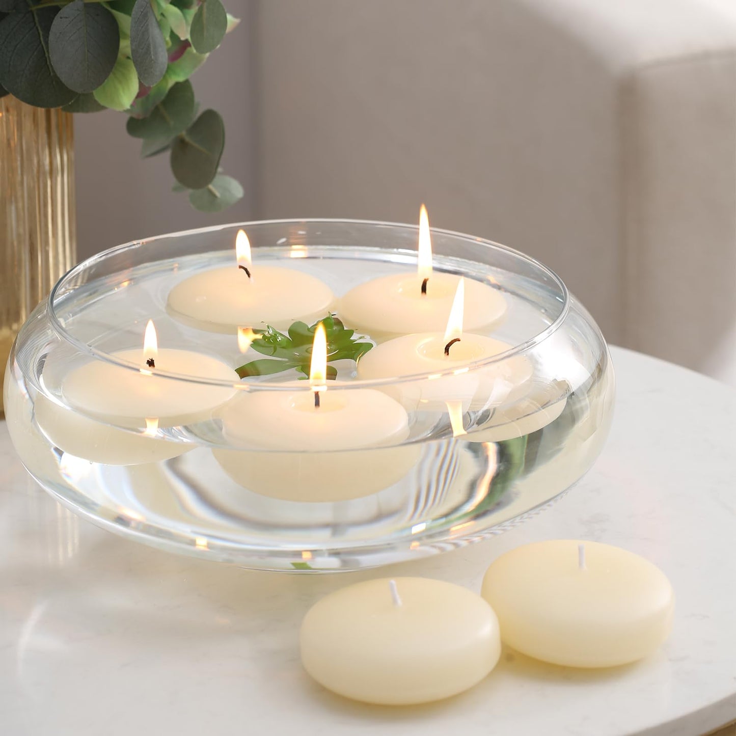 KNOURT 36 Pack Floating Candles, 3” Ivory Unscented Dripless Wax Burning Candles, for Weddings, Party, Cylinder Vases, and Home Decorations