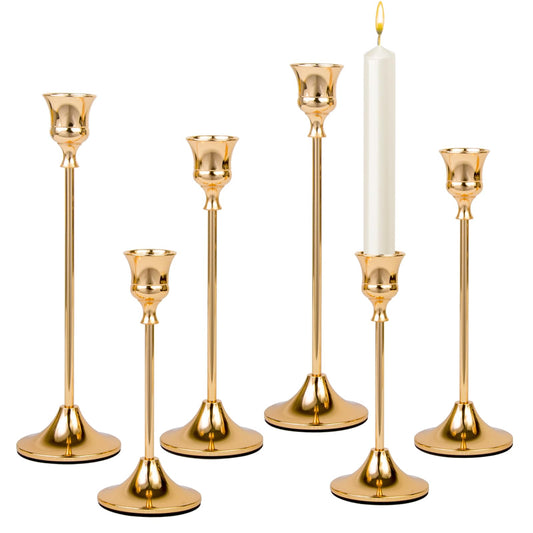 Candlestick Holders Brass Gold Metal Taper Candle Holders, Set of 6 Vintage Decorative Centerpiece Candelabra Tall Candle Stands for Table Mantel Wedding Housewarming