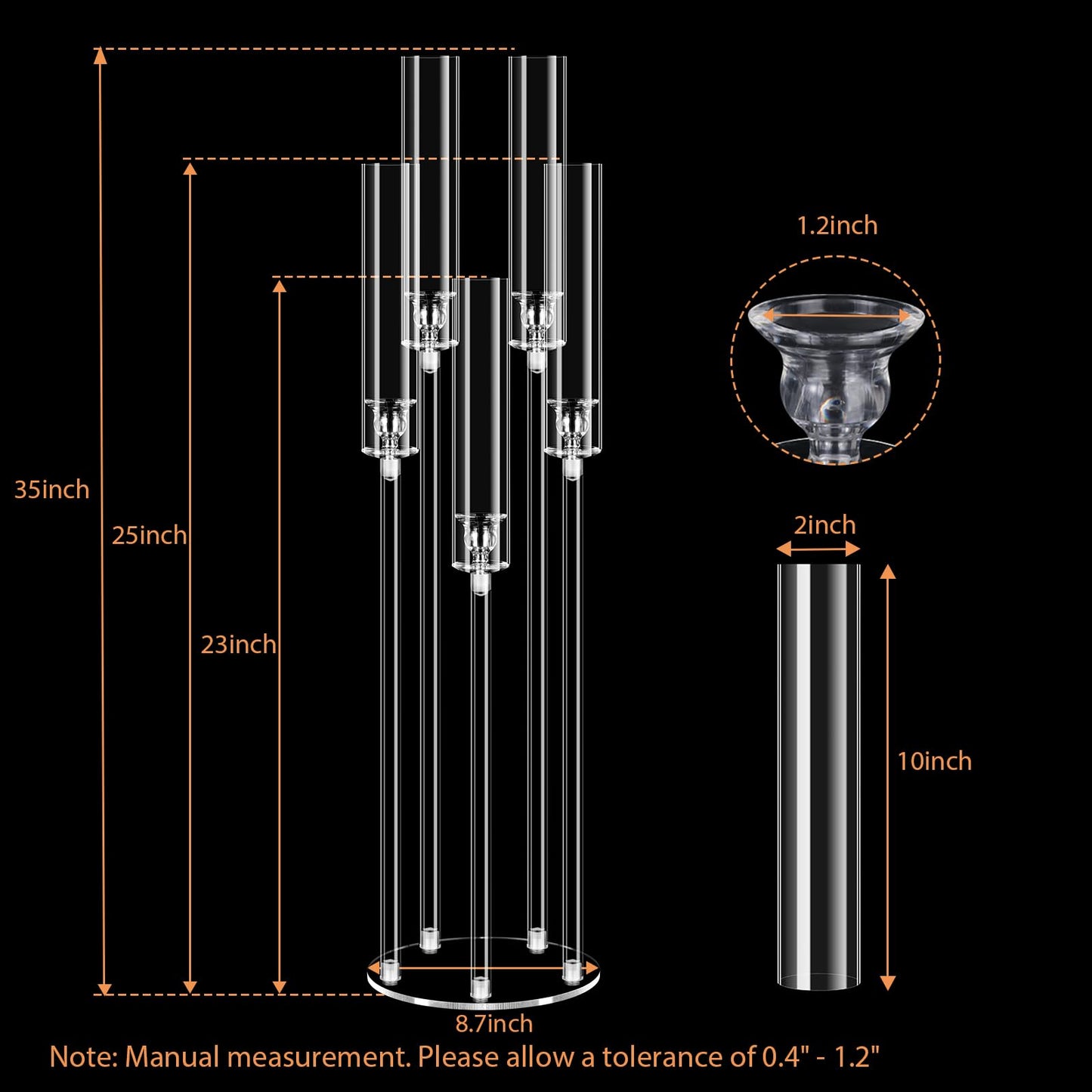2Pcs 5 Arms Acrylic Candelabra Centerpieces for Tables Decortion,Clear Candle Holder for Wedding Dinner Fireplace Decoration,35 inches Tall Candlesticks Holder with Lampshade, Fits LED Candle