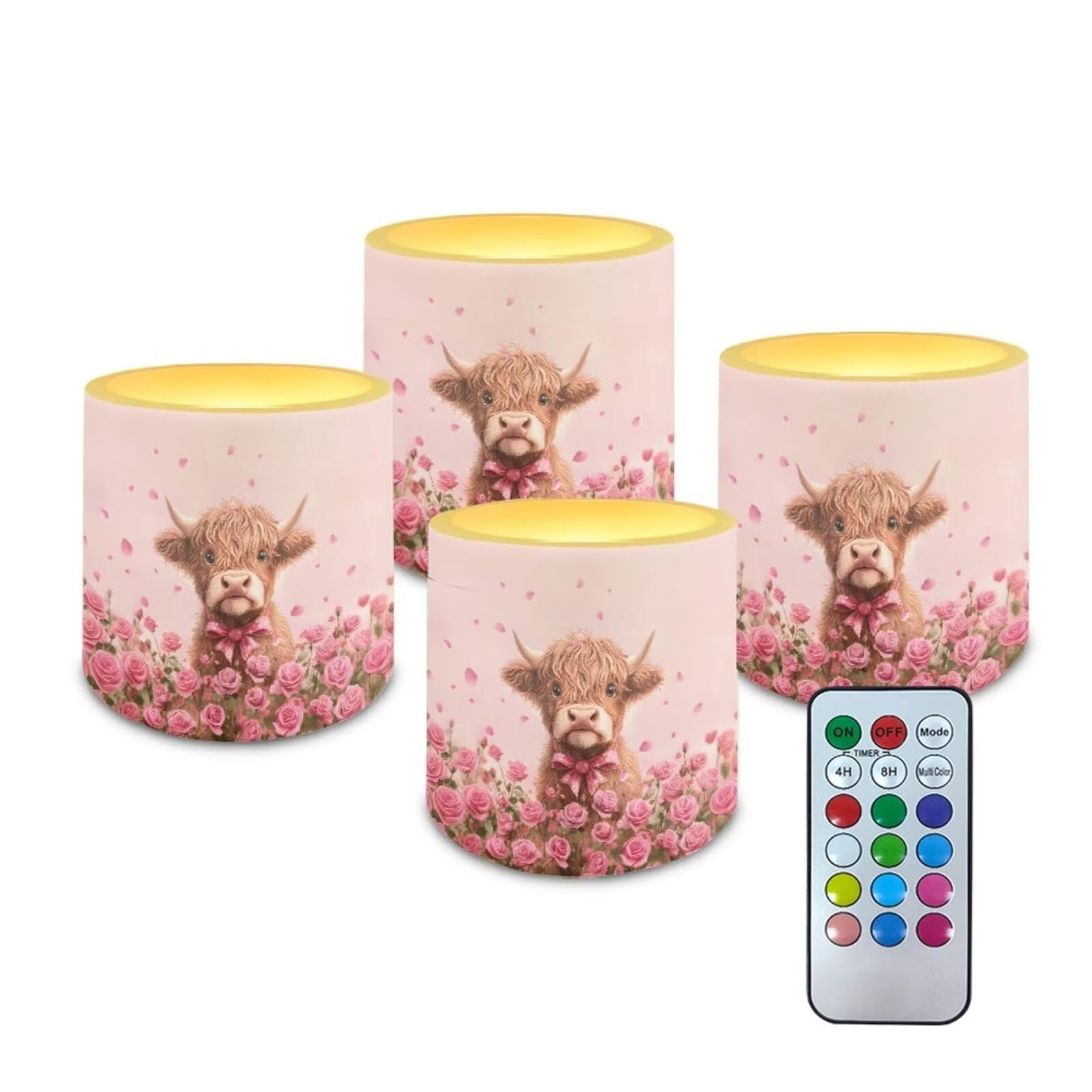 Merkmak Highland Cattle Print Battery Operated Flameless Candles with Remote and Timer Flameless LED Pillar Candles Valentines Day Home Decorations Pink Rose Print Tea Lights