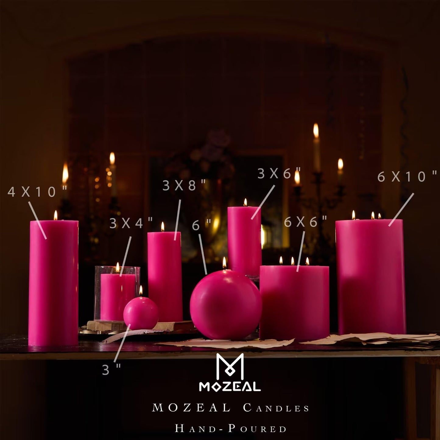 MOZEAL Hand-Poured, 3 Inch Hot Pink Round Ball Candles - Elegant Hot Pink Round Pillar Candles Set of 3, Dripless, Unscented, Smokeless, Ideal for Parties and Celebrations.