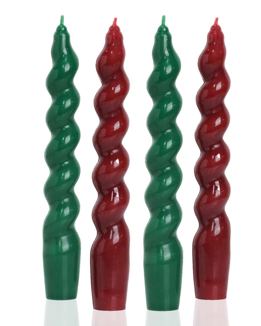 MAITREYA Christmas Short Taper Twisted Candles Set of 4 - Green and Red for Decoration, Weddings, Party, Church - Unscented Dripless 7.5inch
