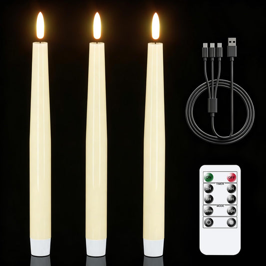 GenSwin Rechargeable Flameless Taper Candles, 3 Pack Ivory LED Taper Candles Battery Operated with Remote Timer, Real Wax Flameless Candlesticks for Christmas Holiday Home Decor