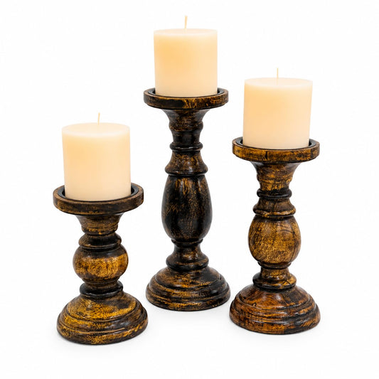 Natural Round Turned Candle Holders for Pillar Candles Set of 3 Vintage Style Mango Wood Candle Holder for Centerpiece for Dining, Living Room