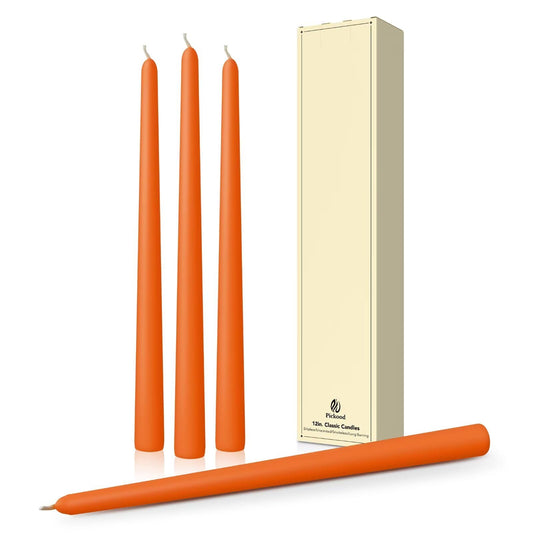 Pickood 12-Inch Tall Dripless Taper Candles Set of 4 - Orange Tapered Candles, Perfect for Halloween,Fall - Smokeless, Unscented, Long Burning - Hand Poured, Colored Tall Candlesticks - Thanksgiving