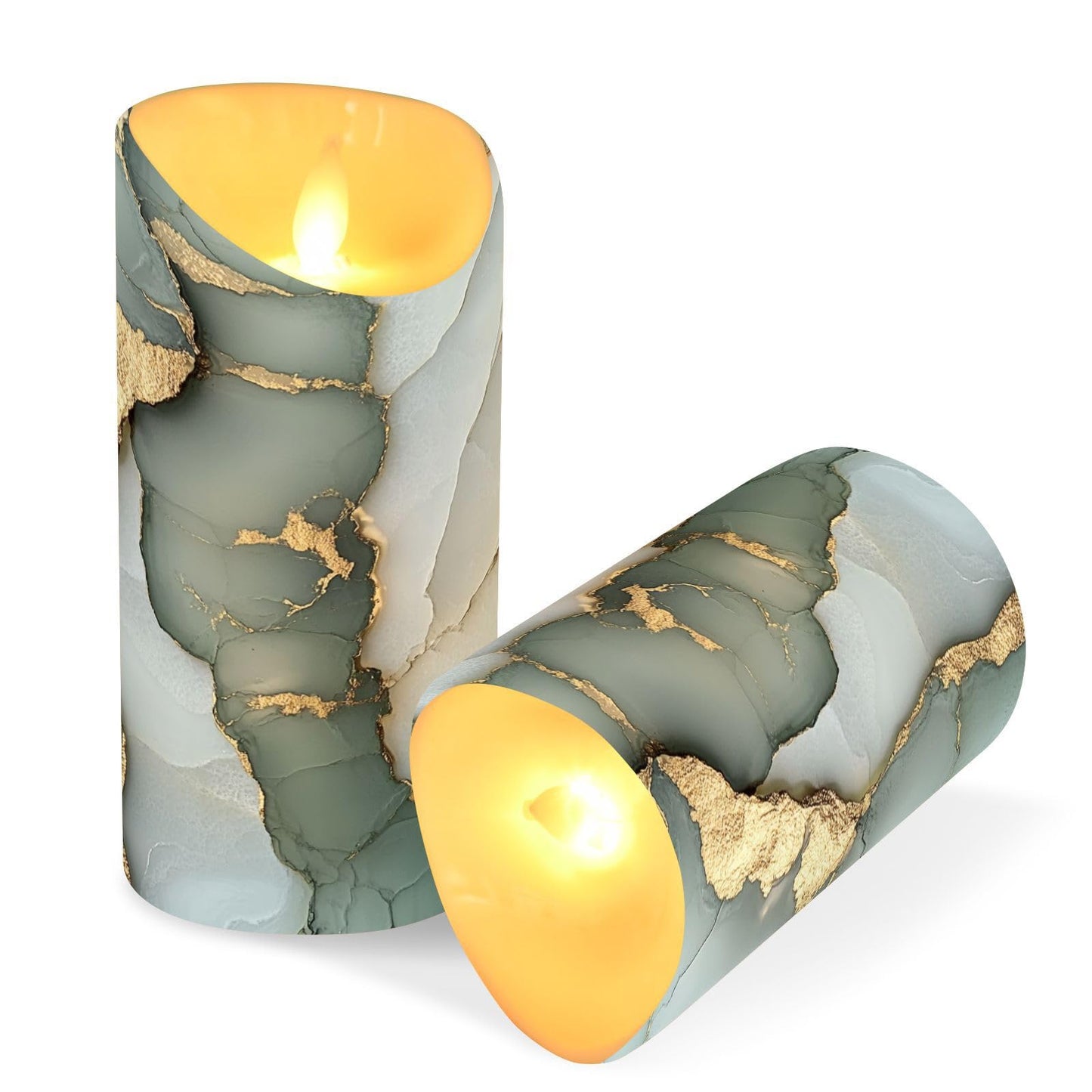 famyily Waterproof Outdoor LED Candles with Timer 2/4/6/8H Reusable Battery Operated Fake Candles for New Year’s Eve Party 3.9x3in - Marble Sage Green White