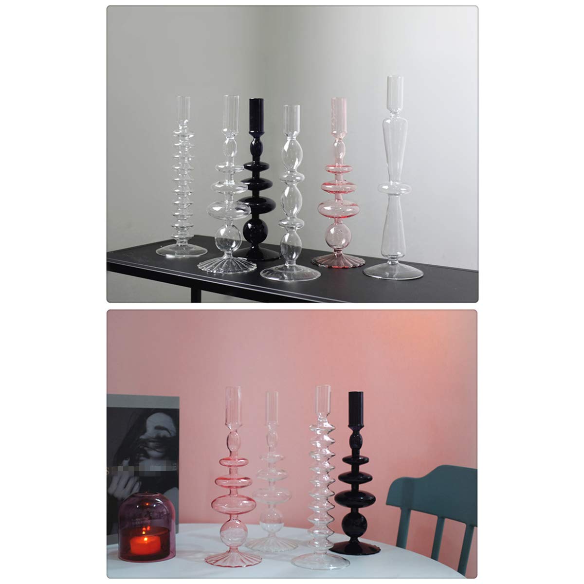 LKXHarleya Glass Candlesticks Holders, Retro Glass Candle Holder for Taper Candle Table Centerpiece Wedding Party Home Decoration, Transparent