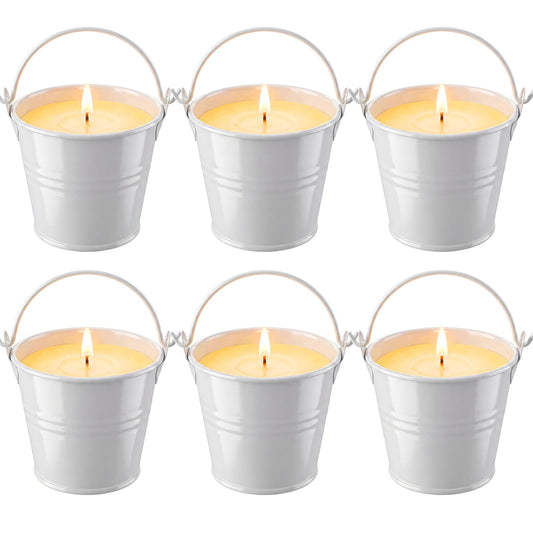Conelist 6 Pack Citronella Candles Outdoor White Metal Candle Tins with Carrying Handle Long Lasting Outdoor Candles for Patios, Decks, Gardens, Backyards and Camping (5 cm)