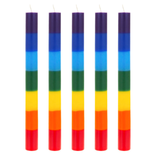 Mega Candles 5 pcs Unscented Multi Color Straight Taper Chakra Candles, Hand Poured Premium Wax Candle 10 Inch x 1 Inch, 100% Cotton Wick, Positive Healing Energy, Meditation, Relaxation, Reiki, Yoga
