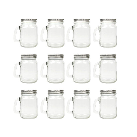 Homelike Style 4 oz Mini Mason Jar Mugs with Handle, Small Glass Jars with Airtight Metal Lids, 12 Pack Empty Glass Mugs for Gift Party Wedding Candle and Favor