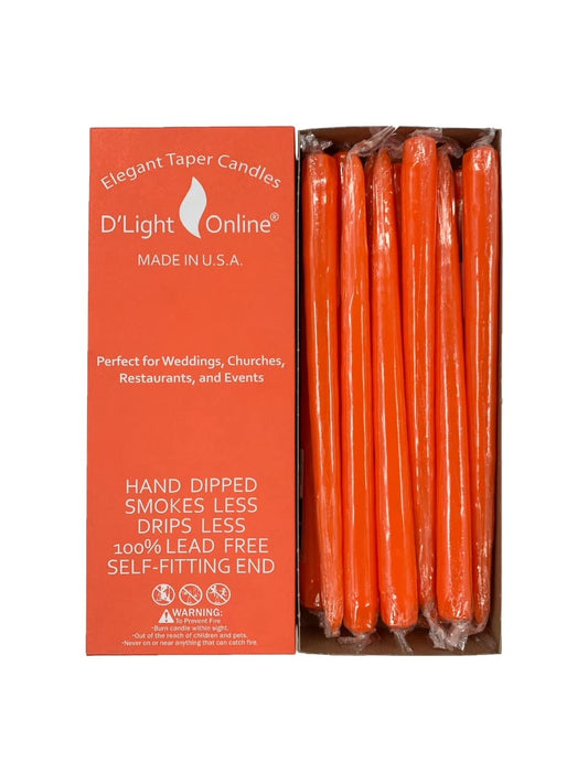 D'light Online Elegant Unscented 12" Orange Taper Candles Premium Quality Hand-Dipped Tapered Candles, Dripless and Smokeless - Set of 12 Individually Wrapped (12 Inch, Orange)