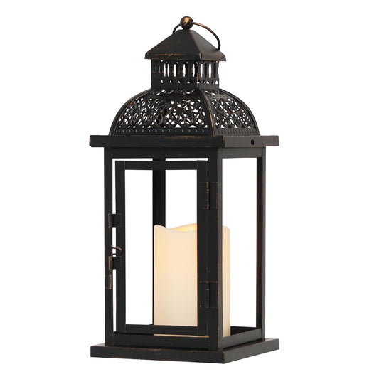 DECORKEY No Glass Lanterns Decorative Indoor & Outdoor, 15'' Candle Lantern Decorative Christmas Indoor Outdoor Decor, Vintage Metal Hanging Lanterns with LED Candle for Patio, Front Porch,Yard, Table