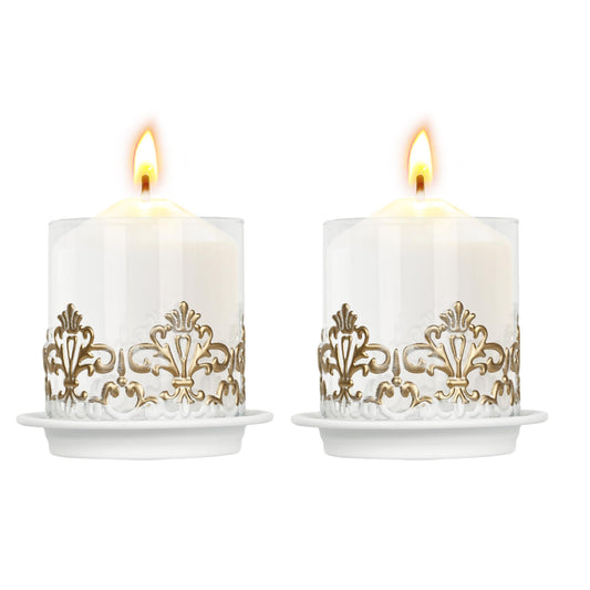 HiSnug Hurricane Candle Holders for Pillar Candles - Gothic Metal Candlestick Holders with Glass Sleeve, 2 PCS Vintage Decorative Candleholder for Dining Table Centerpiece Home Decor, 2PCS, XS, White