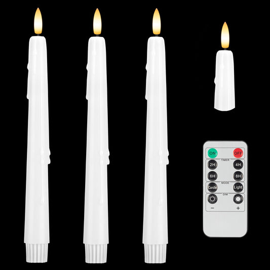 SEHNSY Dripless Flameless Taper Candles with Remote, Real Wax Battery Operated LED Candles Set with 3D Flickering Flame, 3Pcs White 9.6" Realistic Candlesticks as Mothers Day Gifts, Gifts for Mom