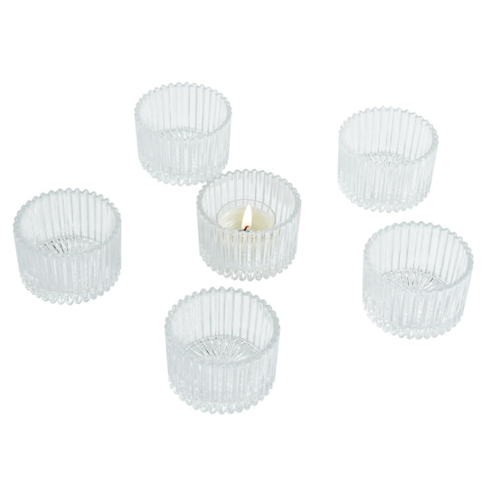 Jollyhilan 6 Pack Glass Candle Holder,Round Glass Candle Tray Ribbed Tealight Holders for Votives, Floating Candles Table Centerpieces Wedding Home Decor,Clear