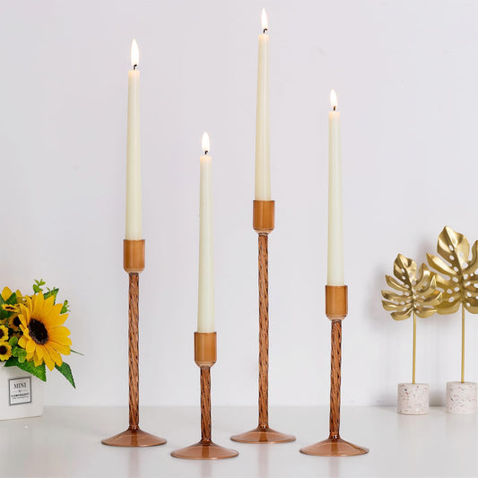 Hewory Glass Taper Candle Holders: 4 Pcs Brown Vintage Candlestick Holders Tall Candle Sticks Holder Decor, Glass Candle Holder for Table Centerpiece Wedding Christmas Advent Holiday Party Decorations