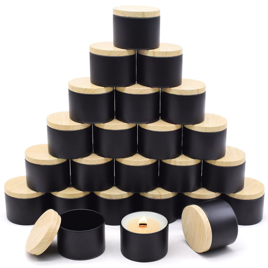 YJHSS 24-Pack 4oz Candle Tins with Wood-Grain Printing Lids, Metal Candle Jars for Candle Making, Empty Containers Vessels Bulk for Small Business & Beginners DIY Storage -Wood Black