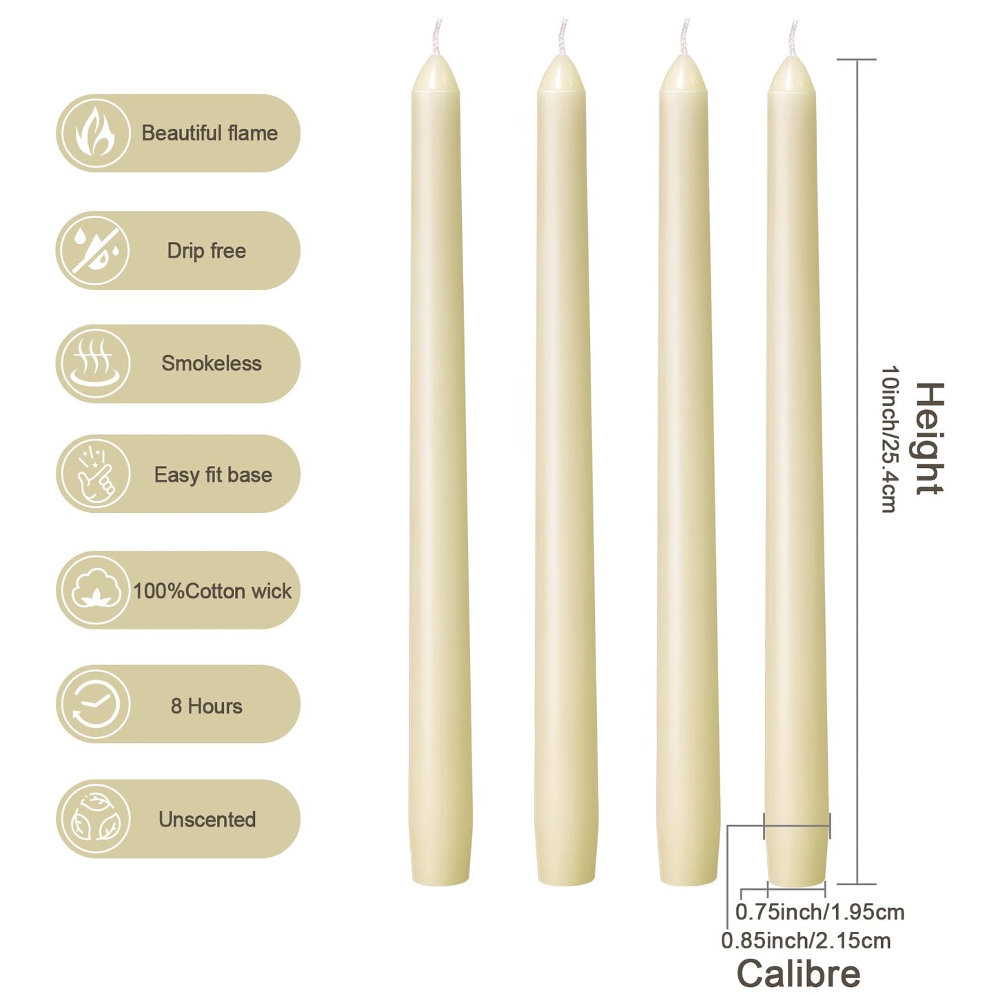Everymoment Ivory Taper Candles - 12 Pack 10 Inch Candlesticks - Dripless & Smokeless Tapered Candle 8 Hours Unscented Cream Candle Sticks - Perfect for Wedding Holiday Dinner Party Home Decor