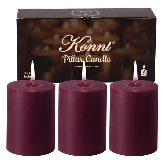 KONNI Purple Pillar Candles Set of 3, 3"x 4" Unscented Pillar Candles Bulk, 39 Hours Long Burning Candles, Smokeless&Dripless Large Round Candle for Wedding, Home Decoration, Parties, Spas, Dinner