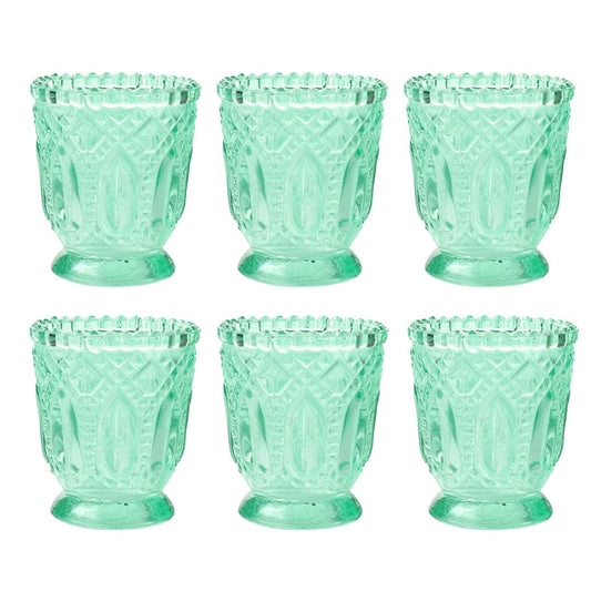 Koyal Wholesale Vintage Glass Candle Holder - Mint Green Tea Light Candle Holders - Mint Green Party Decor, Kitchen Decor, Weddings & Birthdays Easter Decorations for Table - 3 X 2.75 (Pack of 6)
