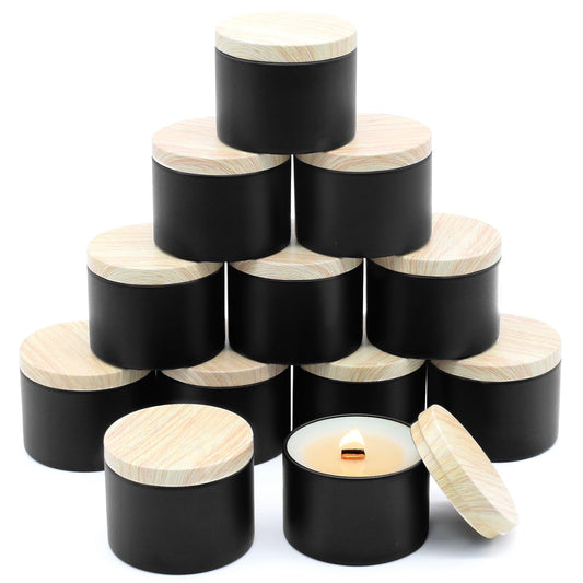 YJHSS 12-Pack Candle Jars, 8oz Candle Tins with Metal Wood-Grain Printing Lids, Empty Metal Candle Jars for Making Candles Bulk Candle Containers -Black