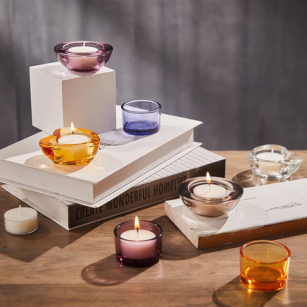 Elivia Grey Tealight Candle Holders - Set of 12, Heart-Shaped Chunky Glass Candle Holder, 2.9" Diameter - CH02 - Tea Grey