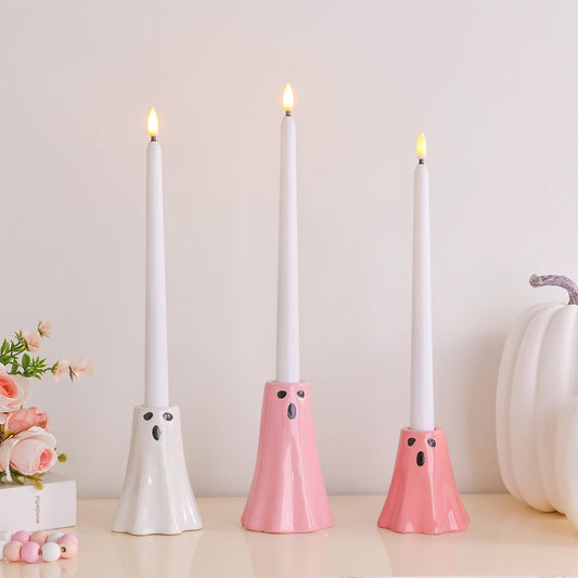 Halloween Ceramic Ghost Decor: Cute Pink Ghost Figurine Lamps Taper Candle Holder Sticks Halloween Table Decor, Pastel Decorations Indoor for Desk Office Mantel Home Fireplace Farmhouse Party Gifts