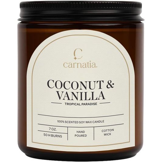 Carnatia Coconut & Vanilla Scented Candle – 7 oz | 100% Soy Wax with Cotton Wick | 50 Hour Burn | Aromatherapy Candle for Home, Stress Relief & Relaxation | Gift for Women & Men