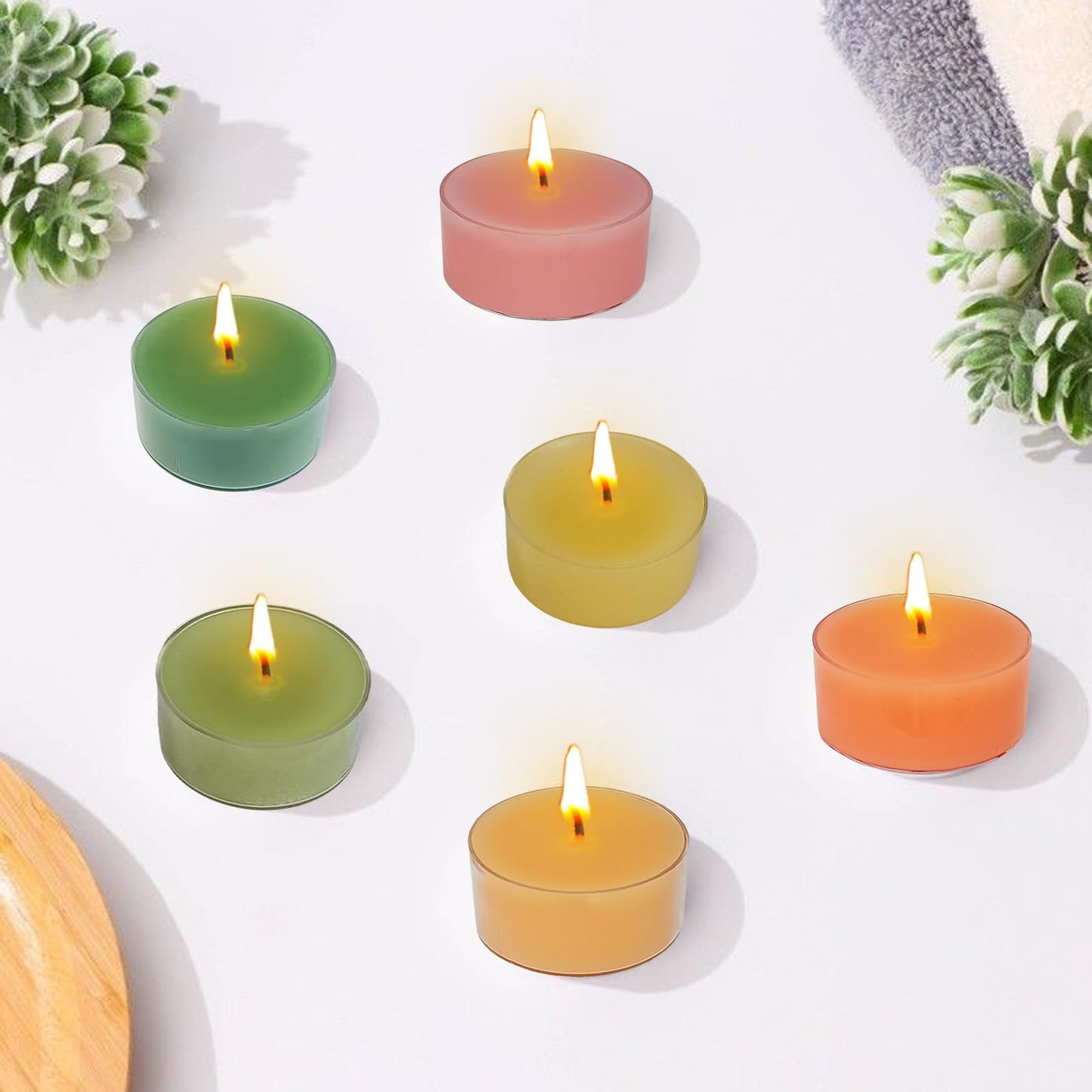 Scented Tea Light Candles 12 Pack Hand Poured 3 Color Smokeless 4 Hours Clean Burning Small Round Clear Cups Tealight Candles for Romantic Dinners Wedding Centerpieces Cozy Evenings