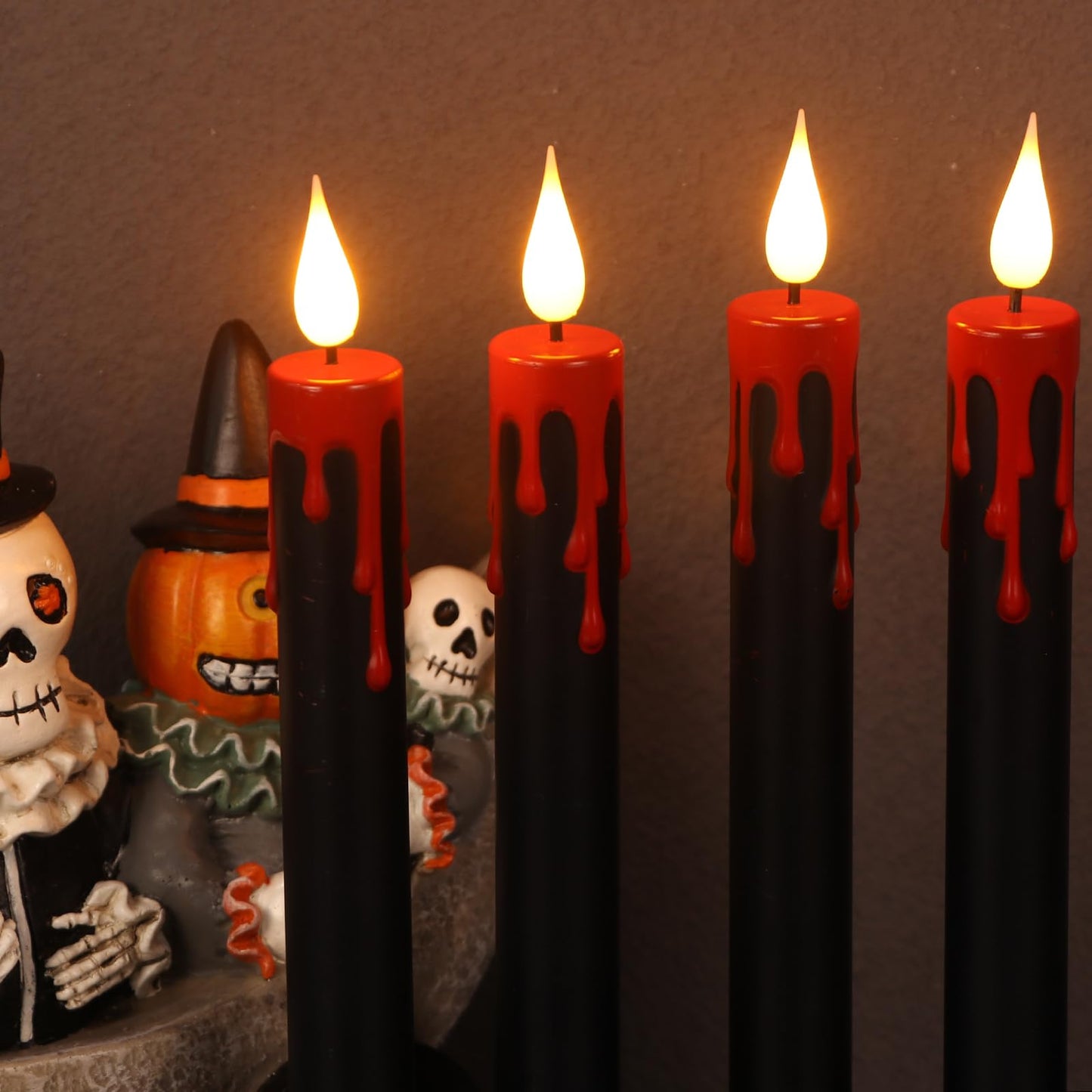 DRomance Black Flameless Taper Candles Flickering with Remote and Timer, Blood Dripping Wax Effect Battery Operated Yellow Light LED Taper Candles Dinner Halloween Spooky Decor(4 Pack, 0.78" x 8.9")