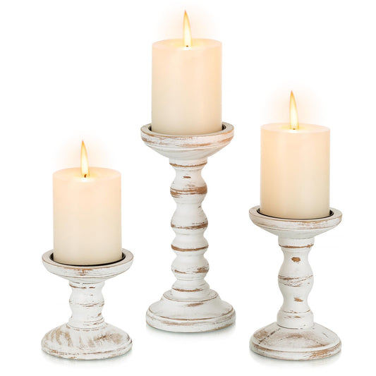 Romadedi Wood Candle Holders for Pillar Candles - Set of 3 Tall Farmhouse Wooden Candlestick Holder, Rustic Candle Stand for Fireplace Mantle Shelf Table Home Decor, Brown Whitewashed 3.9"/6"/ 8.3"